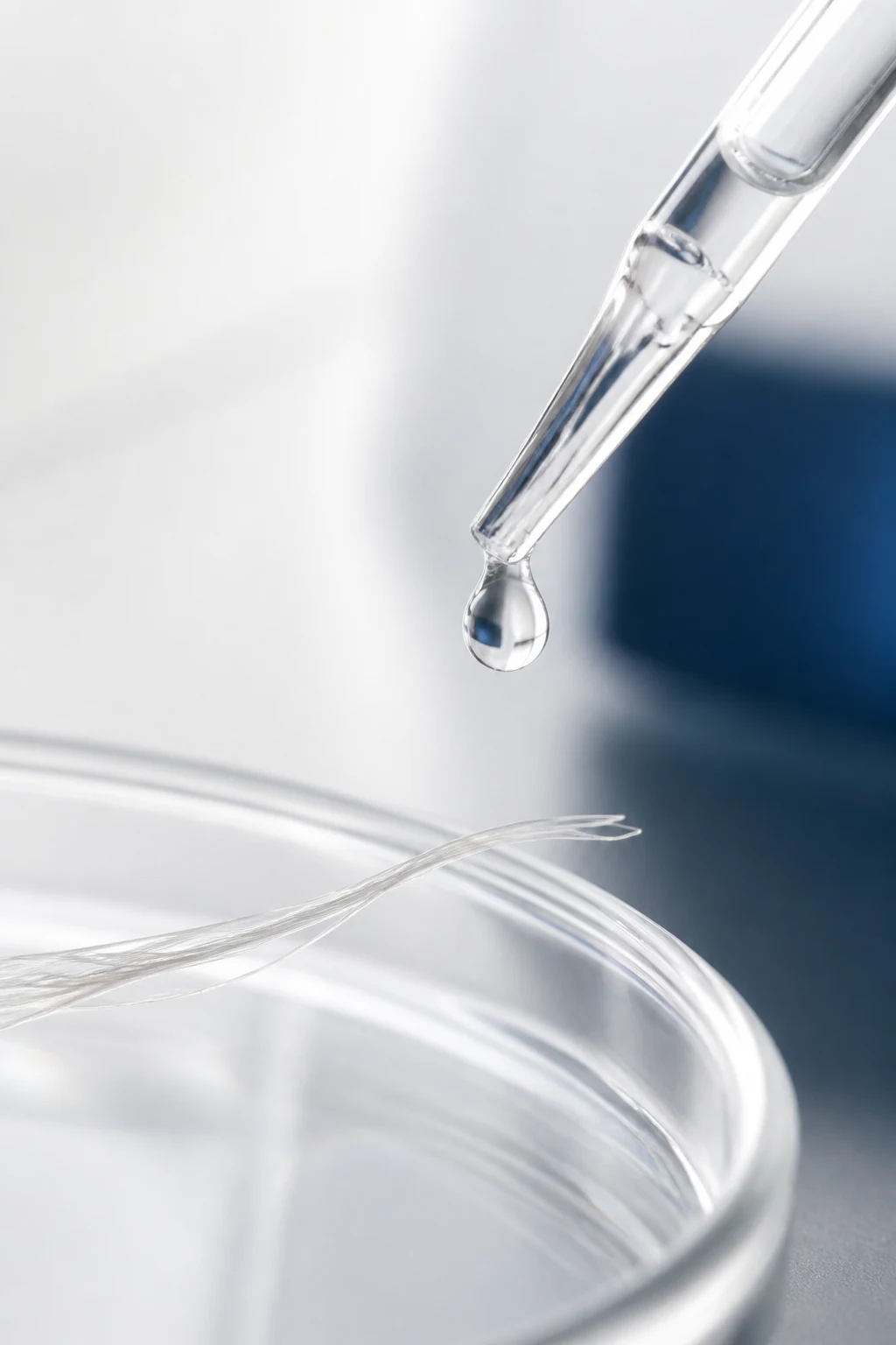 Gota em pipeta de precisão sobre filamento translúcido em laboratório